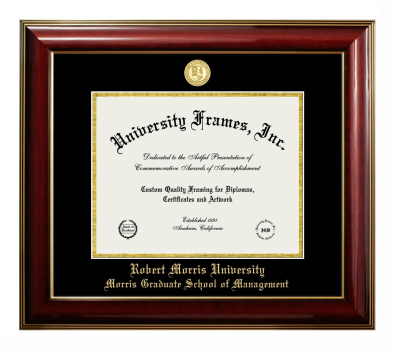 Robert Morris University (Chicago) Morris Graduate School of Management Diploma Frame in Classic Mahogany with Gold Trim with Black & Gold Mats for document: 8 1/2"h x 11"w  