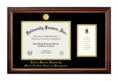 Robert Morris University (Chicago) Morris Graduate School of Management Diploma with Announcement Frame in Petite Mahogany with Gold Trim with Black & Gold Mats for document: 8 1/2"h x 11"w  , diploma: 7"h x 4"w  