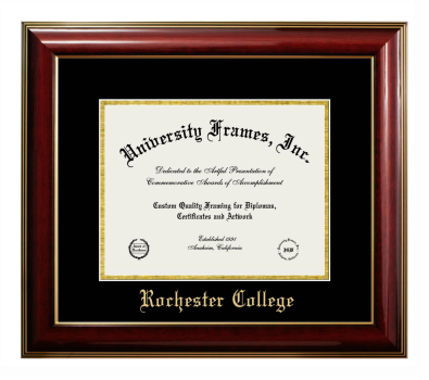 Rochester College Diploma Frame in Classic Mahogany with Gold Trim with Black & Gold Mats for DOCUMENT: 8 1/2"H X 11"W  