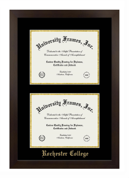 Rochester College Double Degree (Stacked) Frame in Manhattan Espresso with Black & Gold Mats for document: 8 1/2"h x 11"w  , document: 8 1/2"h x 11"w  