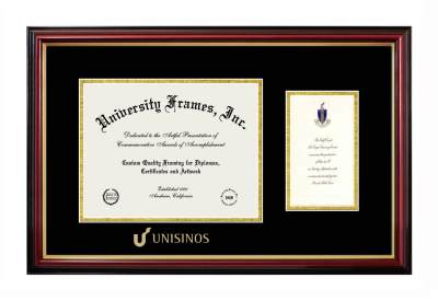 Unisinos Diploma with Announcement Frame in Petite Mahogany with Gold Trim with Black & Gold Mats for document: 8 1/2"h x 11"w  , diploma: 7"h x 4"w  