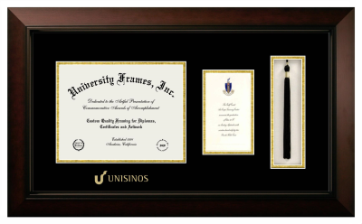 Unisinos Diploma with Announcement & Tassel Box Frame in Legacy Black Cherry with Black & Gold Mats for document: 8 1/2"h x 11"w  , diploma: 7"h x 4"w  
