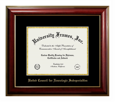 United Council for Neurologic Subspecialties Diploma Frame in Classic Mahogany with Gold Trim with Black & Gold Mats for document: 8 1/2"h x 11"w  