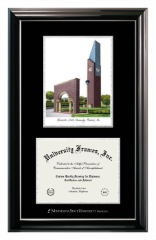 Minnesota State University Mankato Double Opening with Campus Image (Stacked) Frame in Classic Ebony with Silver Trim with Black & Silver Mats for  8 1/2"h x 11"w  