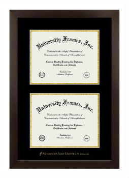 Minnesota State University Mankato Double Degree (Stacked) Frame in Manhattan Espresso with Black & Gold Mats for document: 8 1/2"h x 11"w  , document: 8 1/2"h x 11"w  