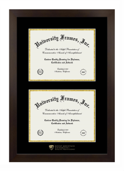 Rocky Mountain University of Health Professions Double Degree (Stacked) Frame in Manhattan Espresso with Black & Gold Mats for DOCUMENT: 8 1/2"H X 11"W  , DOCUMENT: 8 1/2"H X 11"W  