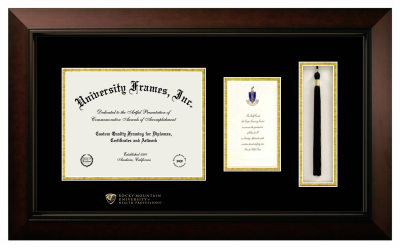 Rocky Mountain University of Health Professions Diploma with Announcement & Tassel Box Frame in Legacy Black Cherry with Black & Gold Mats for DOCUMENT: 8 1/2"H X 11"W  ,  7"H X 4"W  