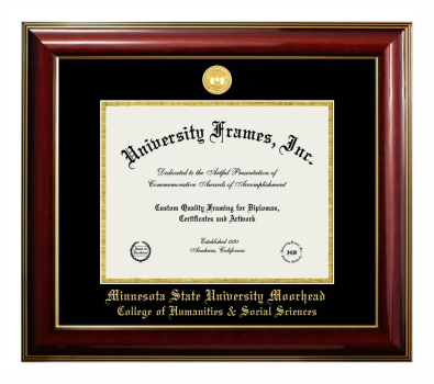 Minnesota State University Moorhead College of Humanities & Social Sciences Diploma Frame in Classic Mahogany with Gold Trim with Black & Gold Mats for document: 8 1/2"h x 11"w  