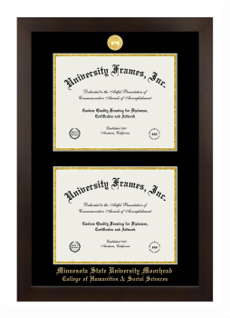 Minnesota State University Moorhead College of Humanities & Social Sciences Double Degree (Stacked) Frame in Manhattan Espresso with Black & Gold Mats for document: 8 1/2"h x 11"w  , document: 8 1/2"h x 11"w  