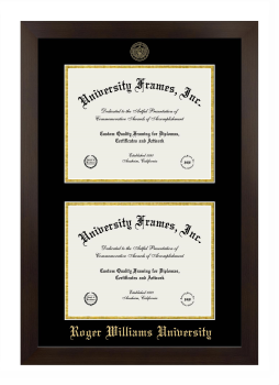 Roger Williams University Double Degree (Stacked) Frame in Manhattan Espresso with Black & Gold Mats for document: 8 1/2"h x 11"w  , document: 8 1/2"h x 11"w  