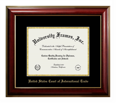 United States Court of  International Trade Diploma Frame in Classic Mahogany with Gold Trim with Black & Gold Mats for document: 8 1/2"h x 11"w  