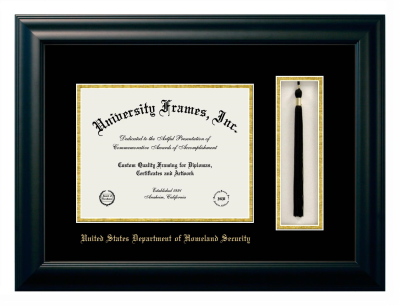United States Department of Homeland Security Diploma with Tassel Box Frame in Satin Black with Black & Gold Mats for document: 8 1/2"h x 11"w  