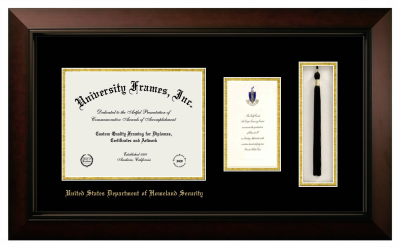 United States Department of Homeland Security Diploma with Announcement & Tassel Box Frame in Legacy Black Cherry with Black & Gold Mats for document: 8 1/2"h x 11"w  , diploma: 7"h x 4"w  