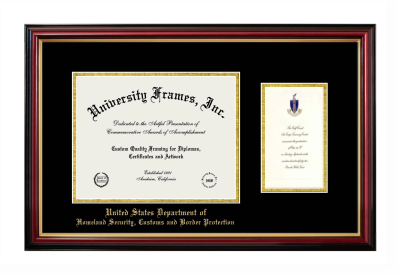 United States Department of Homeland Security, Customs and Border Protection Diploma with Announcement Frame in Petite Mahogany with Gold Trim with Black & Gold Mats for DOCUMENT: 8 1/2"H X 11"W  ,  7"H X 4"W  