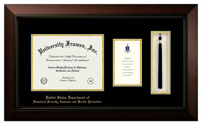 United States Department of Homeland Security, Customs and Border Protection Diploma with Announcement & Tassel Box Frame in Legacy Black Cherry with Black & Gold Mats for DOCUMENT: 8 1/2"H X 11"W  ,  7"H X 4"W  