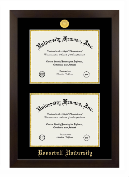 Roosevelt University Double Diploma Frame in Manhattan Espresso with Black & Gold Mats for DOCUMENT: 8 1/2"H X 11"W  , DOCUMENT: 8 1/2"H X 11"W  