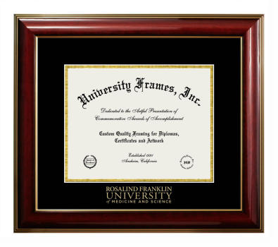 Rosalind Franklin University of Medicine and Science Diploma Frame in Classic Mahogany with Gold Trim with Black & Gold Mats for DOCUMENT: 8 1/2"H X 11"W  