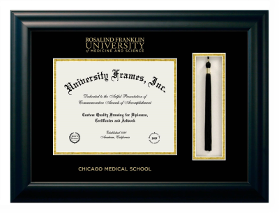 Rosalind Franklin University of Medicine and Science Chicago Medical School Diploma with Tassel Box Frame in Satin Black with Black & Gold Mats for document: 8 1/2"h x 11"w  
