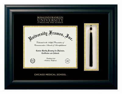 Rosalind Franklin University of Medicine and Science Chicago Medical School Diploma with Tassel Box Frame in Satin Black with Black & Gold Mats for DOCUMENT: 8 1/2"H X 11"W  
