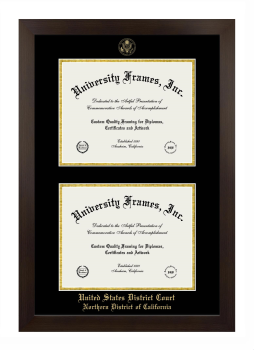 United States District Court Northern District of California Double Degree (Stacked) Frame in Manhattan Espresso with Black & Gold Mats for document: 8 1/2"h x 11"w  , document: 8 1/2"h x 11"w  