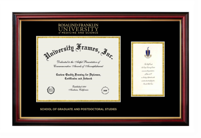Rosalind Franklin University of Medicine and Science School of Graduate and Postdoctoral Studies Diploma with Announcement Frame in Petite Mahogany with Gold Trim with Black & Gold Mats for document: 8 1/2"h x 11"w  , diploma: 7"h x 4"w  