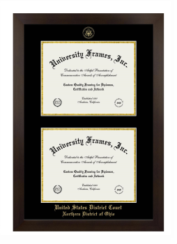 United States District Court Northern District of Ohio Double Degree (Stacked) Frame in Manhattan Espresso with Black & Gold Mats for document: 8 1/2"h x 11"w  , document: 8 1/2"h x 11"w  