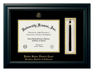 United States District Court Southern District of California Diploma with Tassel Box Frame in Satin Black with Black & Gold Mats for document: 8 1/2"h x 11"w  
