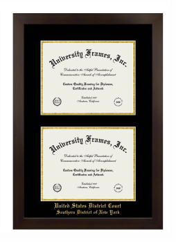 United States District Court Southern District of New York Double Degree (Stacked) Frame in Manhattan Espresso with Black & Gold Mats for document: 8 1/2"h x 11"w  , document: 8 1/2"h x 11"w  