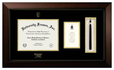 Mississippi College Diploma with Announcement & Tassel Box Frame in Legacy Black Cherry with Black & Gold Mats for document: 8 1/2"h x 11"w  , diploma: 7"h x 4"w  