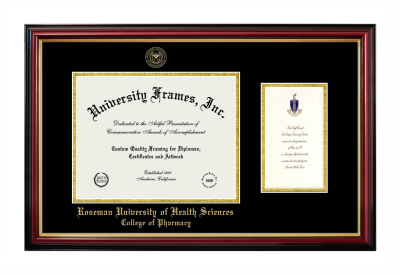 Roseman University of Health Sciences College of Pharmacy Diploma with Announcement Frame in Petite Mahogany with Gold Trim with Black & Gold Mats for DOCUMENT: 8 1/2"H X 11"W  ,  7"H X 4"W  