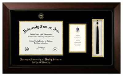 Roseman University of Health Sciences College of Pharmacy Diploma with Announcement & Tassel Box Frame in Legacy Black Cherry with Black & Gold Mats for document: 8 1/2"h x 11"w  , diploma: 7"h x 4"w  