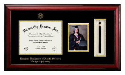 Roseman University of Health Sciences College of Pharmacy Diploma with 5 x 7 Portrait & Tassel Box Frame in Classic Mahogany with Black & Gold Mats for DOCUMENT: 8 1/2"H X 11"W  