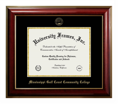 Mississippi Gulf Coast Community College Diploma Frame in Classic Mahogany with Gold Trim with Black & Gold Mats for document: 8 1/2"h x 11"w  