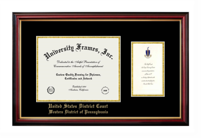 United States District Court Western District of Pennsylvania Diploma with Announcement Frame in Petite Mahogany with Gold Trim with Black & Gold Mats for document: 8 1/2"h x 11"w  , diploma: 7"h x 4"w  