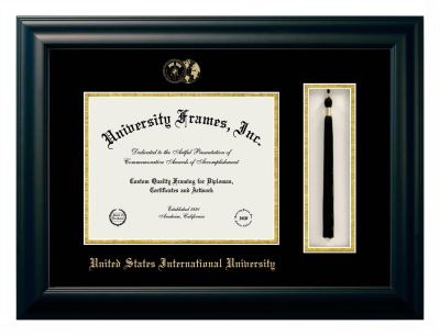 United States International University Diploma with Tassel Box Frame in Satin Black with Black & Gold Mats for document: 8 1/2"h x 11"w  