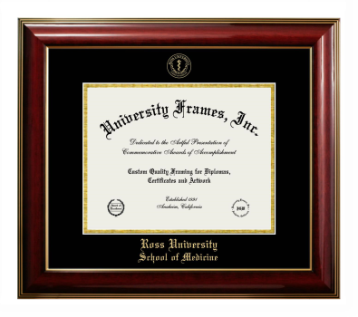 Ross University School of Medicine Diploma Frame in Classic Mahogany with Gold Trim with Black & Gold Mats for document: 8 1/2"h x 11"w  