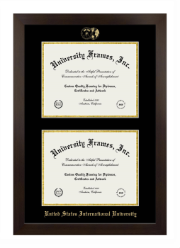 United States International University Double Degree (Stacked) Frame in Manhattan Espresso with Black & Gold Mats for document: 8 1/2"h x 11"w  , document: 8 1/2"h x 11"w  