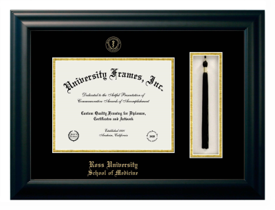 Ross University School of Medicine Diploma with Tassel Box Frame in Satin Black with Black & Gold Mats for document: 8 1/2"h x 11"w  