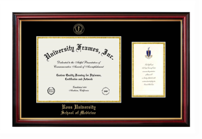 Ross University School of Medicine Diploma with Announcement Frame in Petite Mahogany with Gold Trim with Black & Gold Mats for document: 8 1/2"h x 11"w  , diploma: 7"h x 4"w  
