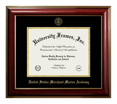 United States Merchant Marine Academy Diploma Frame in Classic Mahogany with Gold Trim with Black & Gold Mats for DOCUMENT: 8 1/2"H X 11"W  