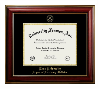 Ross University School of Veterinary Medicine Diploma Frame in Classic Mahogany with Gold Trim with Black & Gold Mats for DOCUMENT: 8 1/2"H X 11"W  