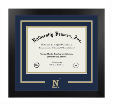 United States Naval Academy Logo Mat Frame in Manhattan Black with Navy Blue & Tan Mats for document: 8 1/2"h x 11"w  