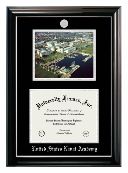 United States Naval Academy Double Opening with Campus Image (Stacked) Frame in Classic Ebony with Silver Trim with Black & Silver Mats for document: 8 1/2"h x 11"w  