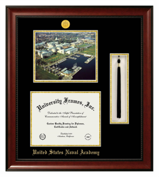 United States Naval Academy Double Opening with Campus Image & Tassel Box (Stacked) Frame in Avalon Mahogany with Black & Gold Mats for document: 8 1/2"h x 11"w  