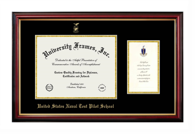 United States Naval Test Pilot School Diploma with Announcement Frame in Petite Mahogany with Gold Trim with Black & Gold Mats for DOCUMENT: 8 1/2"H X 11"W  ,  7"H X 4"W  