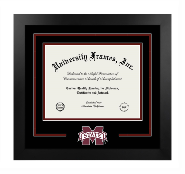 Mississippi State University Logo Mat Frame in Manhattan Black with Black & Maroon Mats for DOCUMENT: 8 1/2"H X 11"W  