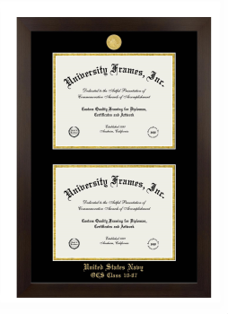 United States Navy OCS Class 10-07 Double Degree (Stacked) Frame in Manhattan Espresso with Black & Gold Mats for document: 8 1/2"h x 11"w  , document: 8 1/2"h x 11"w  