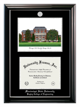 Mississippi State University Bagley College of Engineering Double Opening with Campus Image (Stacked) Frame in Classic Ebony with Silver Trim with Black & Silver Mats for document: 8 1/2"h x 11"w  