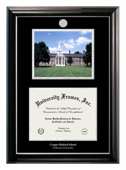 Rowan University Cooper Medical School Double Opening with Campus Image (Stacked) Frame in Classic Ebony with Silver Trim with Black & Silver Mats for document: 8 1/2"h x 11"w  