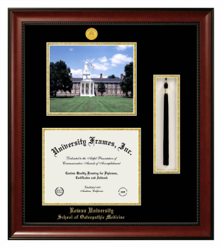 Rowan University School of Osteopathic Medicine Double Opening with Campus Image & Tassel Box (Stacked) Frame in Avalon Mahogany with Black & Gold Mats for document: 8 1/2"h x 11"w  